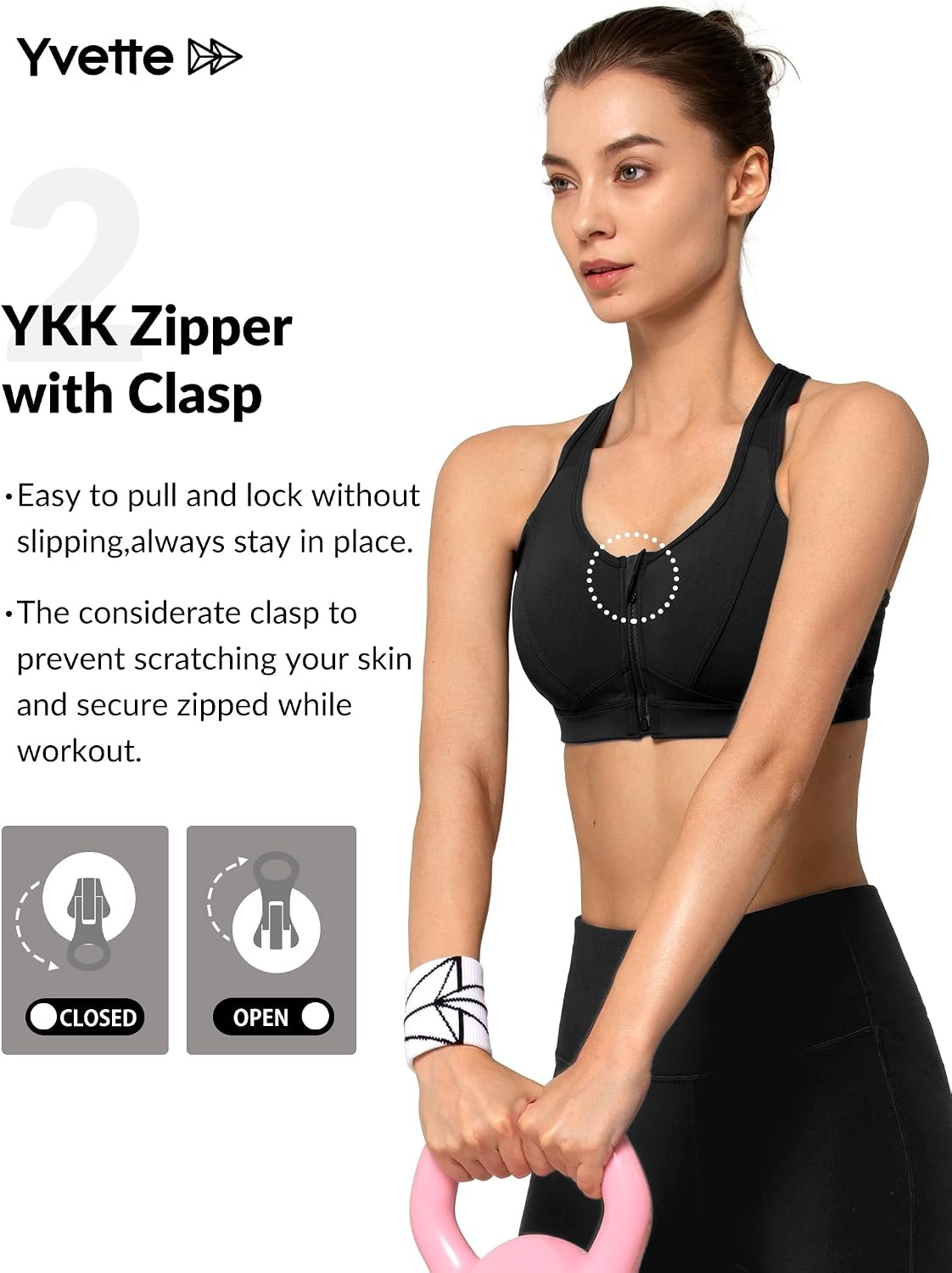 Yvette Zip Front High Impact Sports Bra for Large Bust | Secure Locking Zipper,Fixed Non-Slip Pads,Breathable,Wireless Comfort,Running Bra Plus Size Friendly,Gym Workout,Fitness(Black)