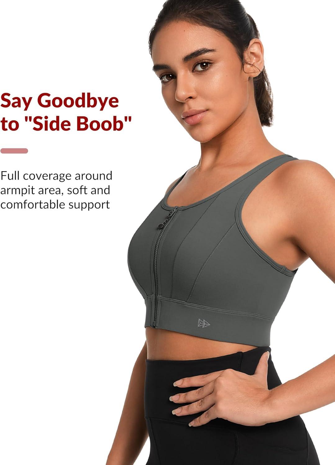 Yvette Front Closure Sports Bras for Women High Support Large Bust Supportive Sports Bra High Impact for Running(Grey)