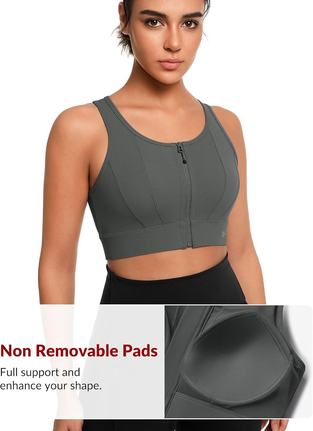 Yvette Front Closure Sports Bras for Women High Support Large Bust Supportive Sports Bra High Impact for Running(Grey)