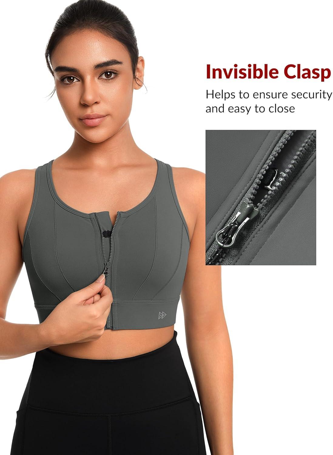 Yvette Front Closure Sports Bras for Women High Support Large Bust Supportive Sports Bra High Impact for Running(Grey)