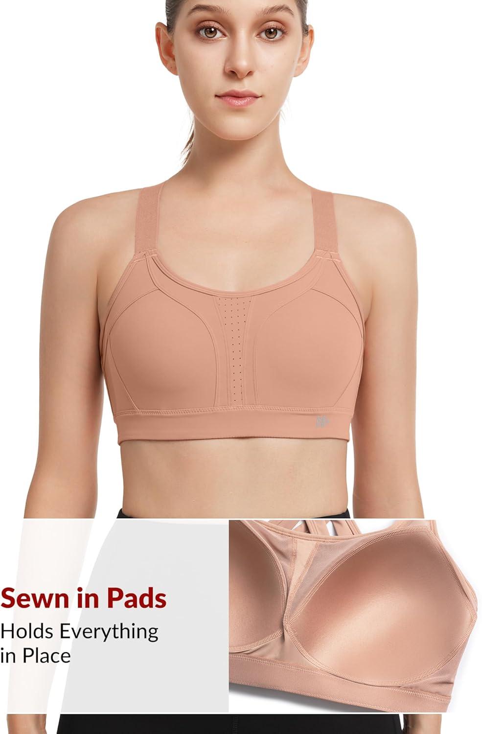 Yvette Sports Bra High Impact Adjustable Criss Cross Back, Full Support for Large Bust No Bounce(Dark Pink)
