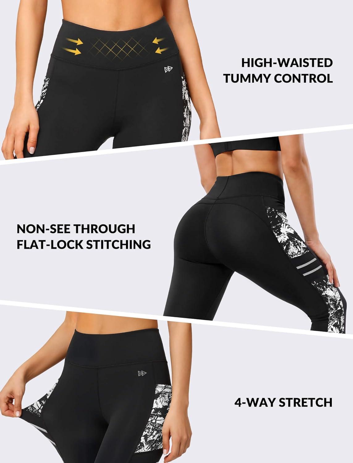 Yvette High Waisted Leggings for Women with Pockets – Tummy Control Yoga Pants, Printed Workout Leggings & Exercise Pants(White Printed)