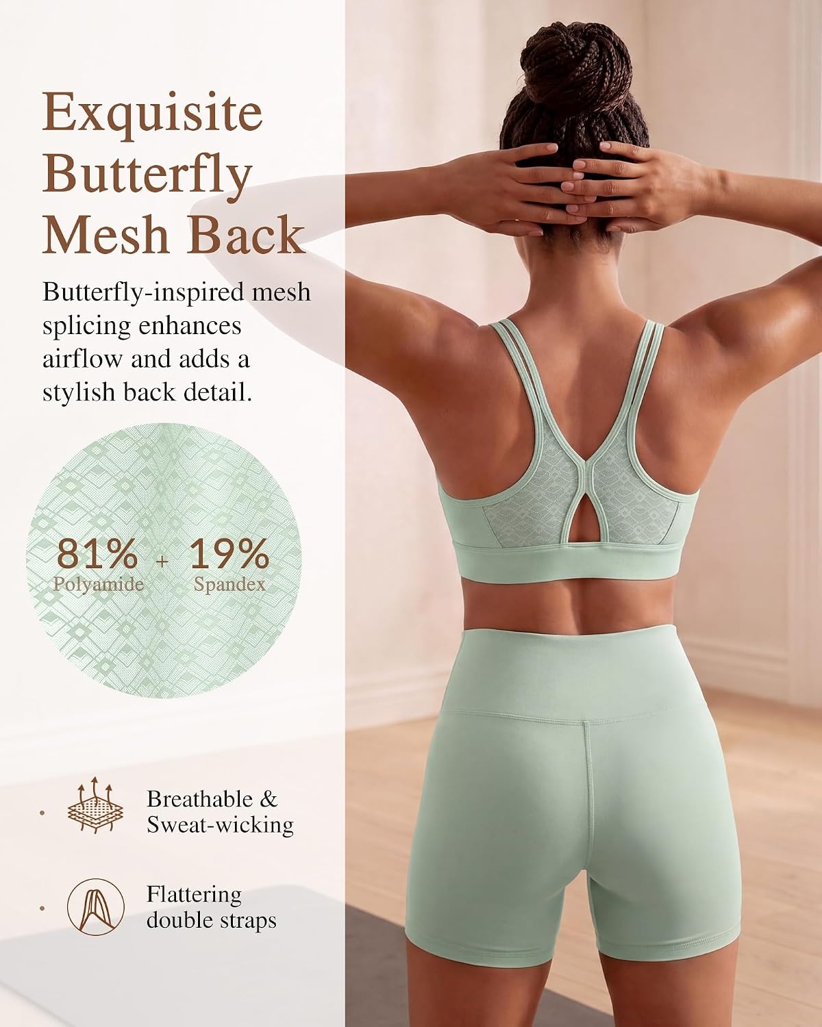 Yvette Yoga Bras Midium Support for Women Low Impact Spaghetti Strap Mesh Splicing Style for Yoga Pilates Walking Daily(Light Green)