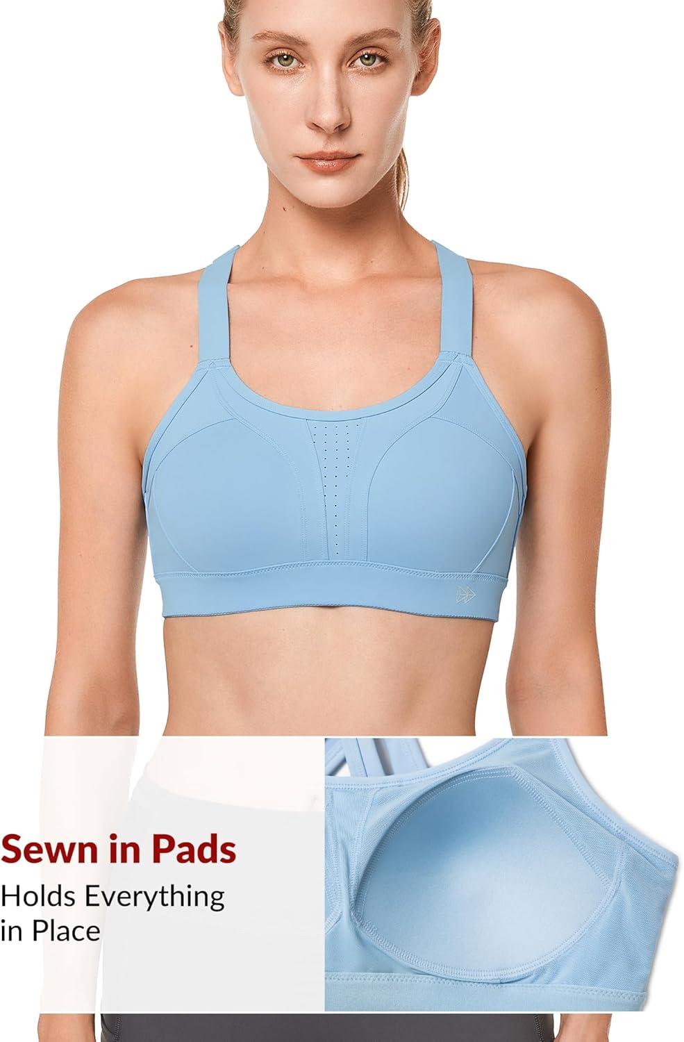 Yvette Sports Bra High Impact Adjustable Criss Cross Back, Full Support for Large Bust No Bounce(Blue)