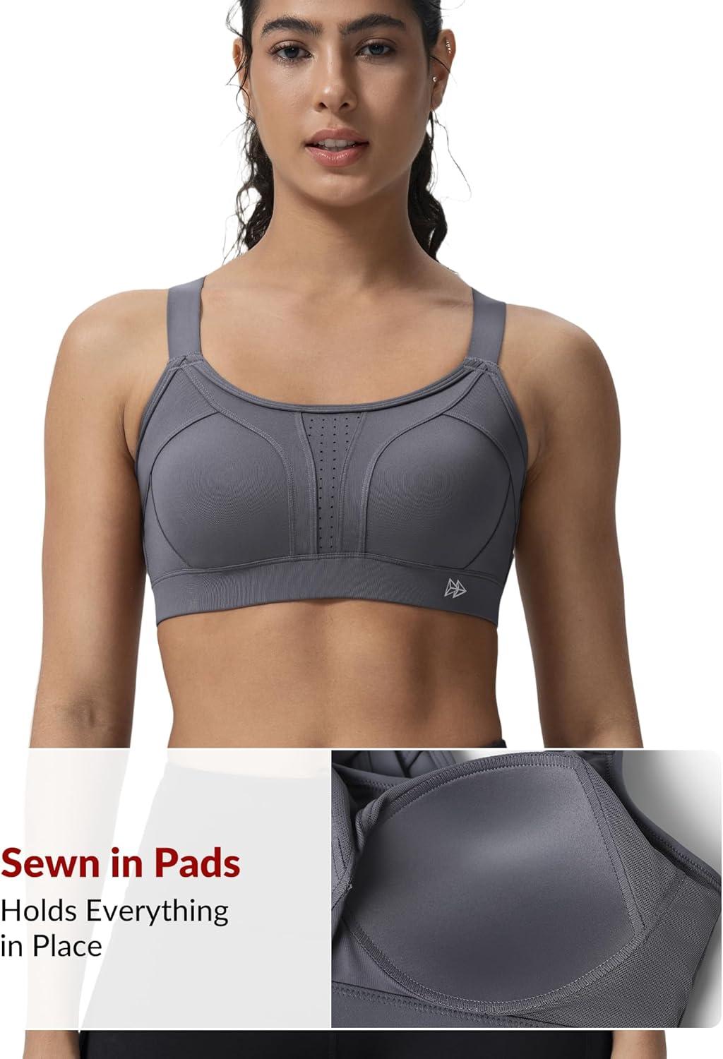 Yvette Sports Bra High Impact Adjustable Criss Cross Back, Full Support for Large Bust No Bounce(Light Grey)