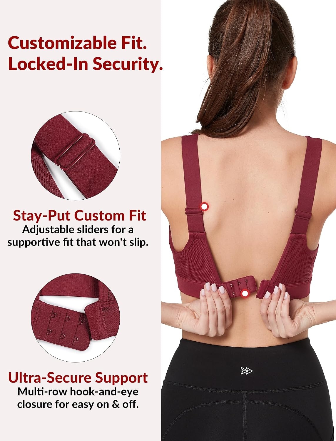 Yvette Adjustable Sports Bra High Support Sewn in Pads | High Impact with Back Hook Eye Closure,Non Removable Molded Cups,Full Coverage,Wireless,Supportive & Comfortable,Gym Workout(Wine Red)