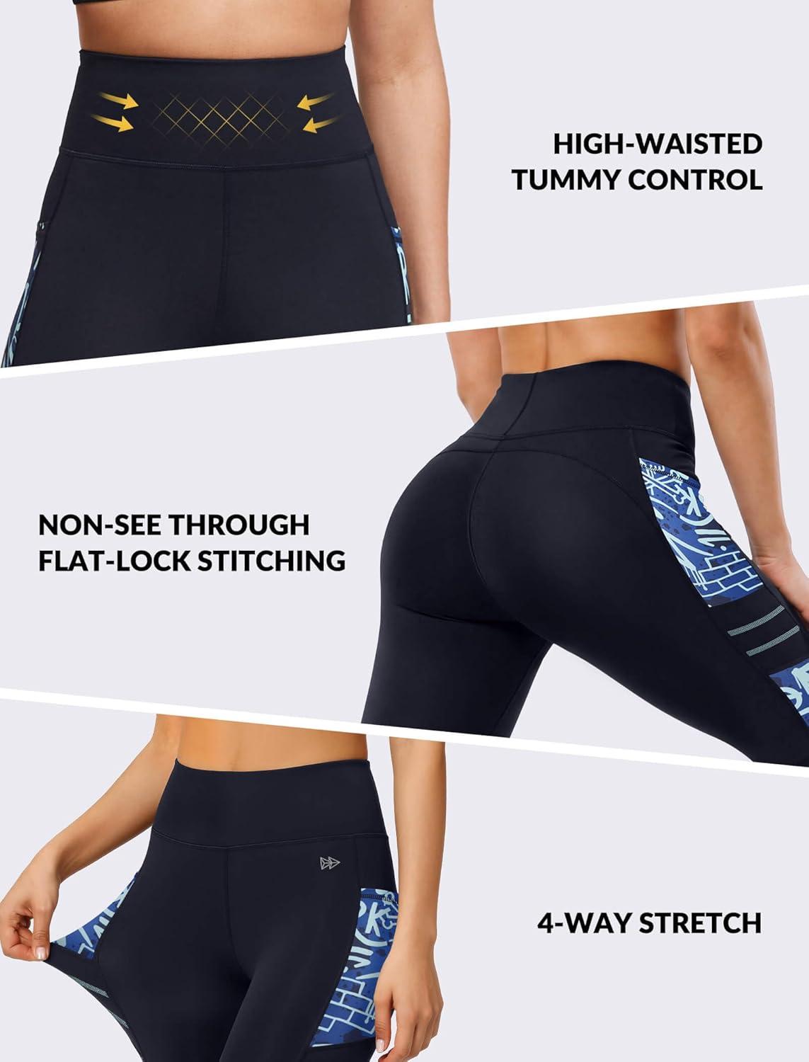 Yvette High Waisted Leggings for Women with Pockets – Tummy Control Yoga Pants, Printed Workout Leggings & Exercise Pants(Navy Printed)