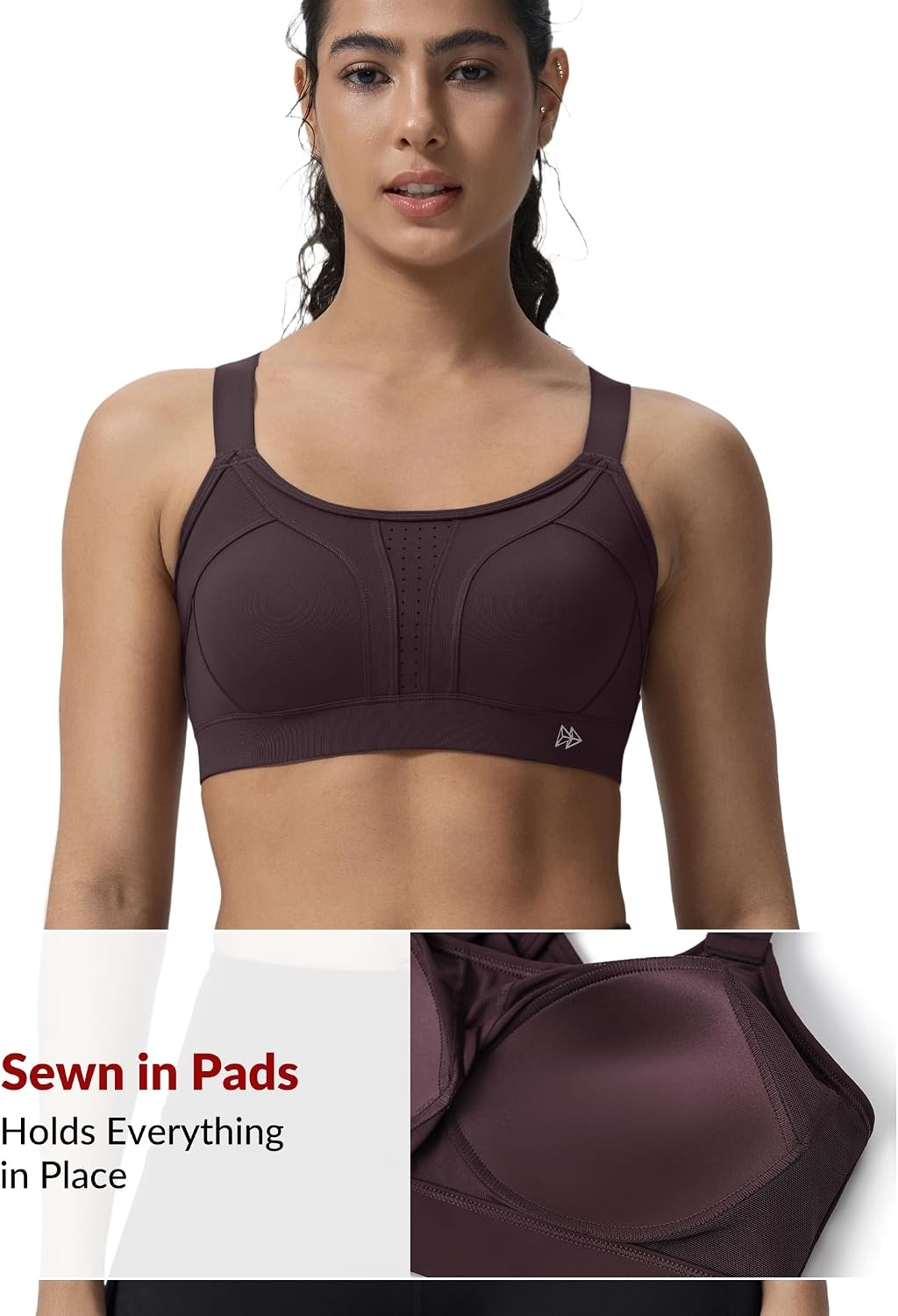 Yvette Women’s High Impact Sports Bra for Running | High Support, No Bounce, Large Bust, Pickleball, Gym Workout, Adjustable Straps, Crisscross Back, Wireless, Sewn in Pads(Reddish Brown)
