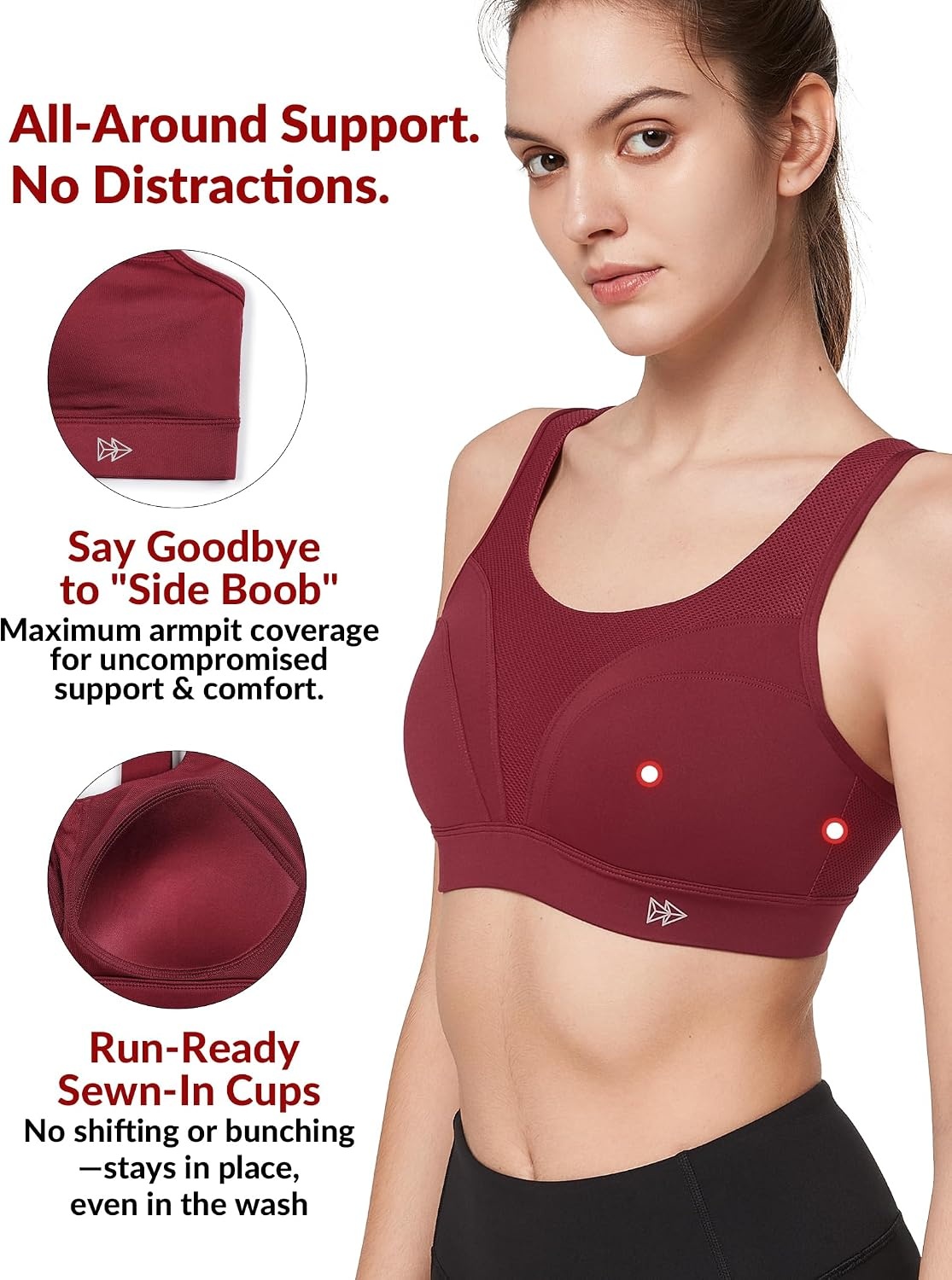 Yvette Supportive Adjustable Sports Bras Molded Cup | High Impact Support,Non Removable Sewn-in Pads,No Bounce,Wireless & Comfortable,Running,Gym Workout,HIIT,Hook & Eye Closure(Wine Red)
