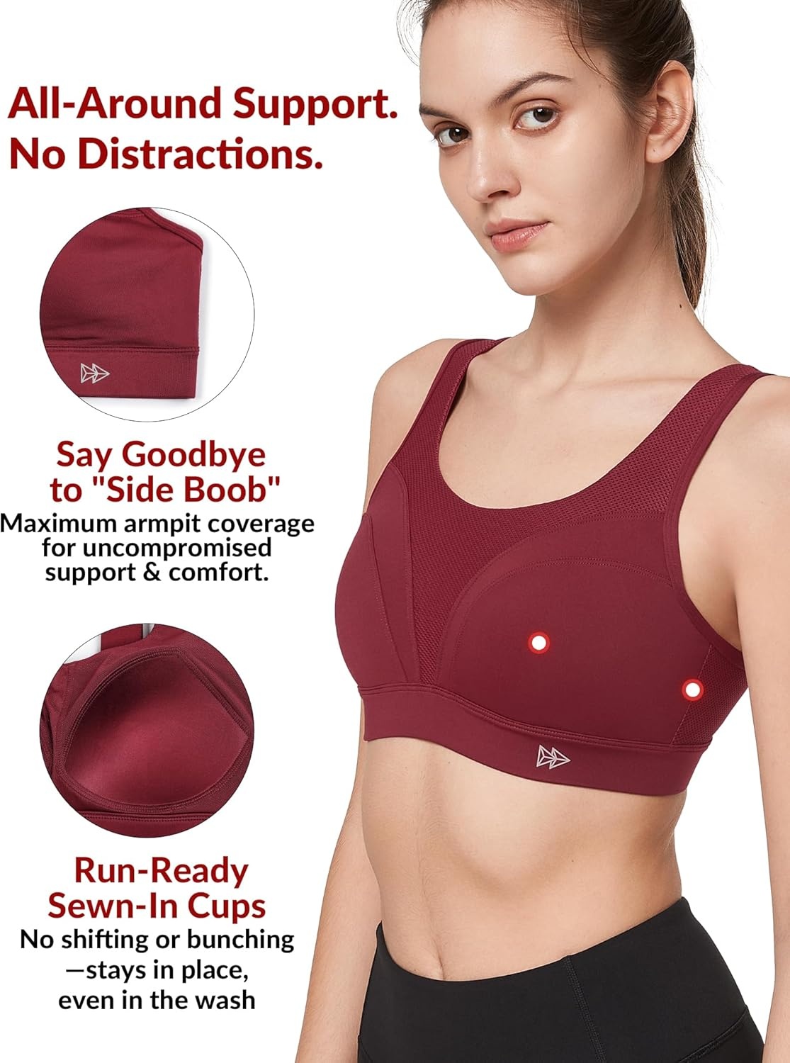 Yvette Supportive Adjustable Sports Bras for Women High Impact Molded Cup Running Bra Large Bust Wireless for Workout HIIT(Wine Red)