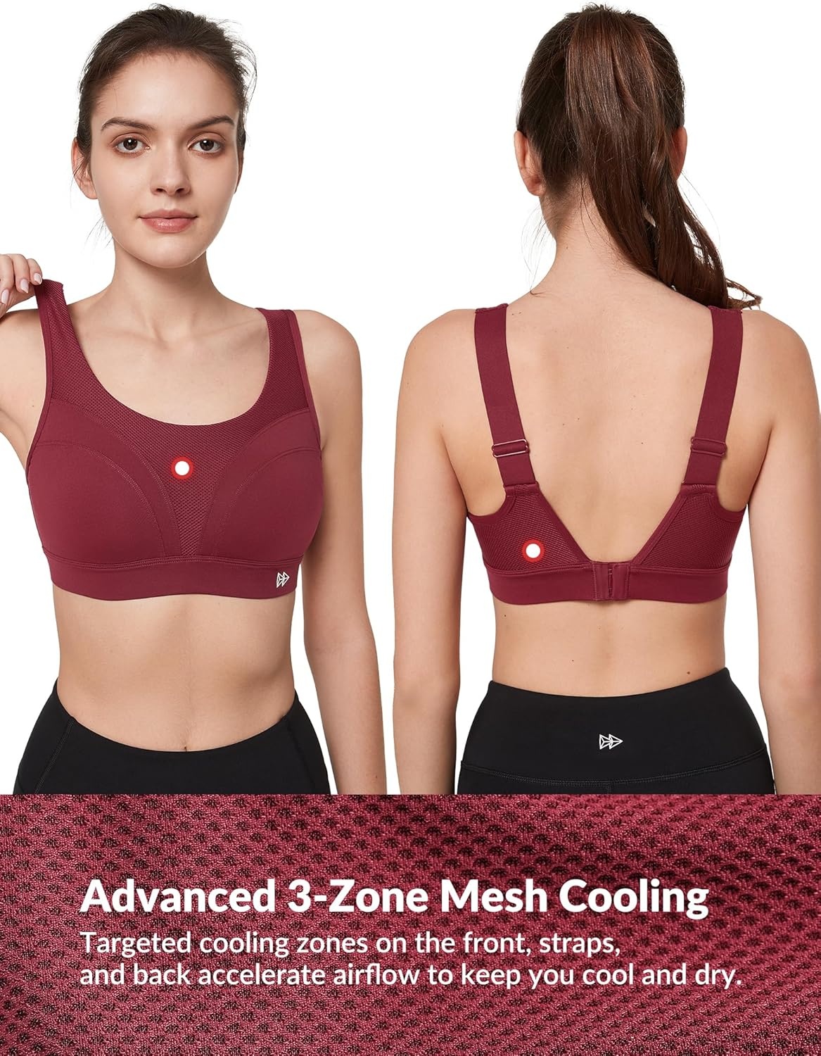 Yvette Supportive Adjustable Sports Bras for Women High Impact Molded Cup Running Bra Large Bust Wireless for Workout HIIT(Wine Red)