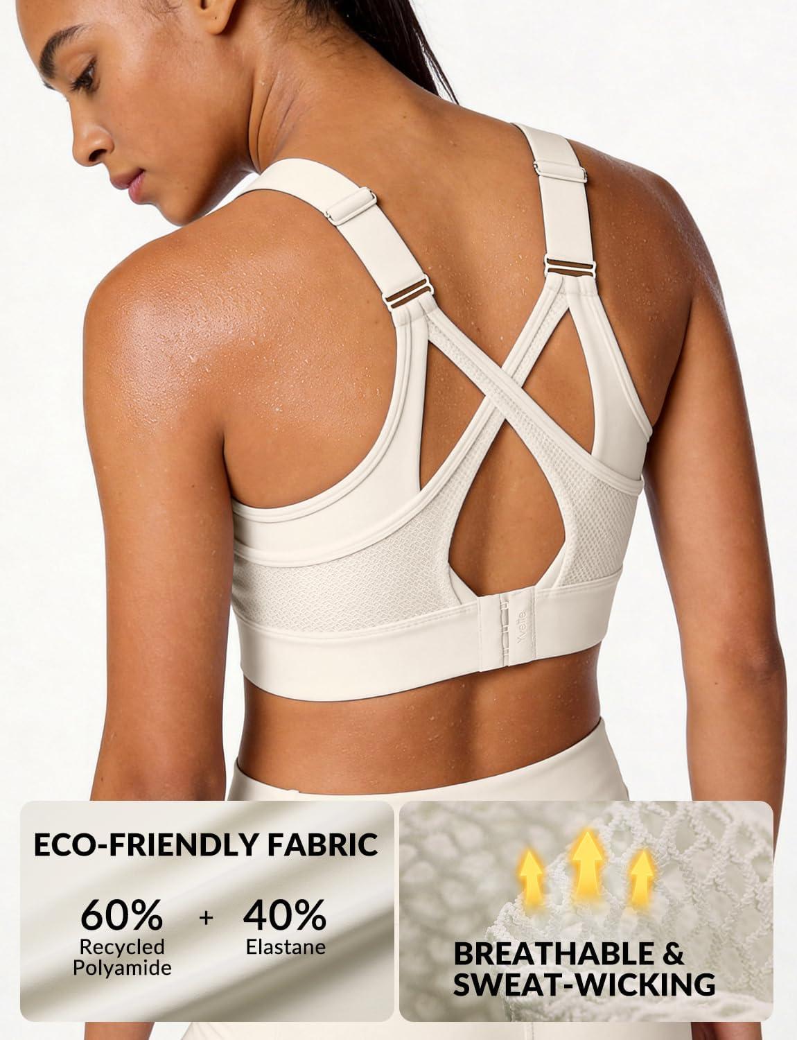 Yvette Sports Bras for Women High Impact Support, Sleek V-Neck with Adjustable Criss Cross Straps for Running&Workout(Off-white)