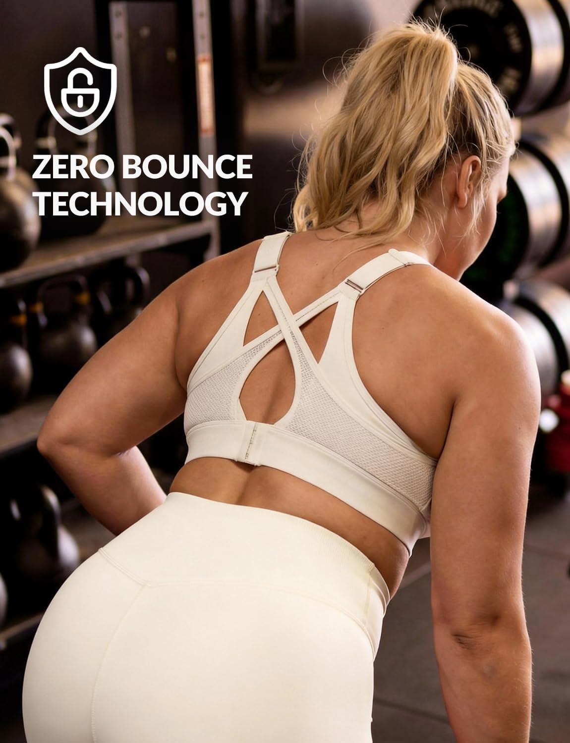 Yvette Sports Bras for Women High Impact Support, Sleek V-Neck with Adjustable Criss Cross Straps for Running&Workout(Off-white)