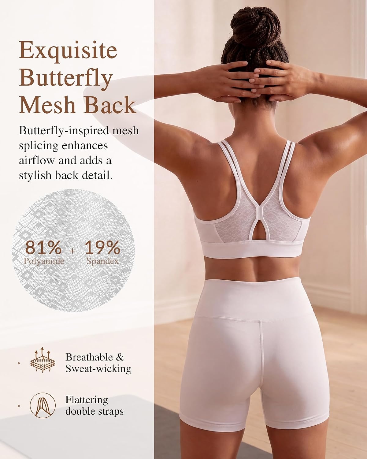 Yvette Yoga Bras Midium Support for Women Low Impact Spaghetti Strap Mesh Splicing Style for Yoga Pilates Walking Daily(White)