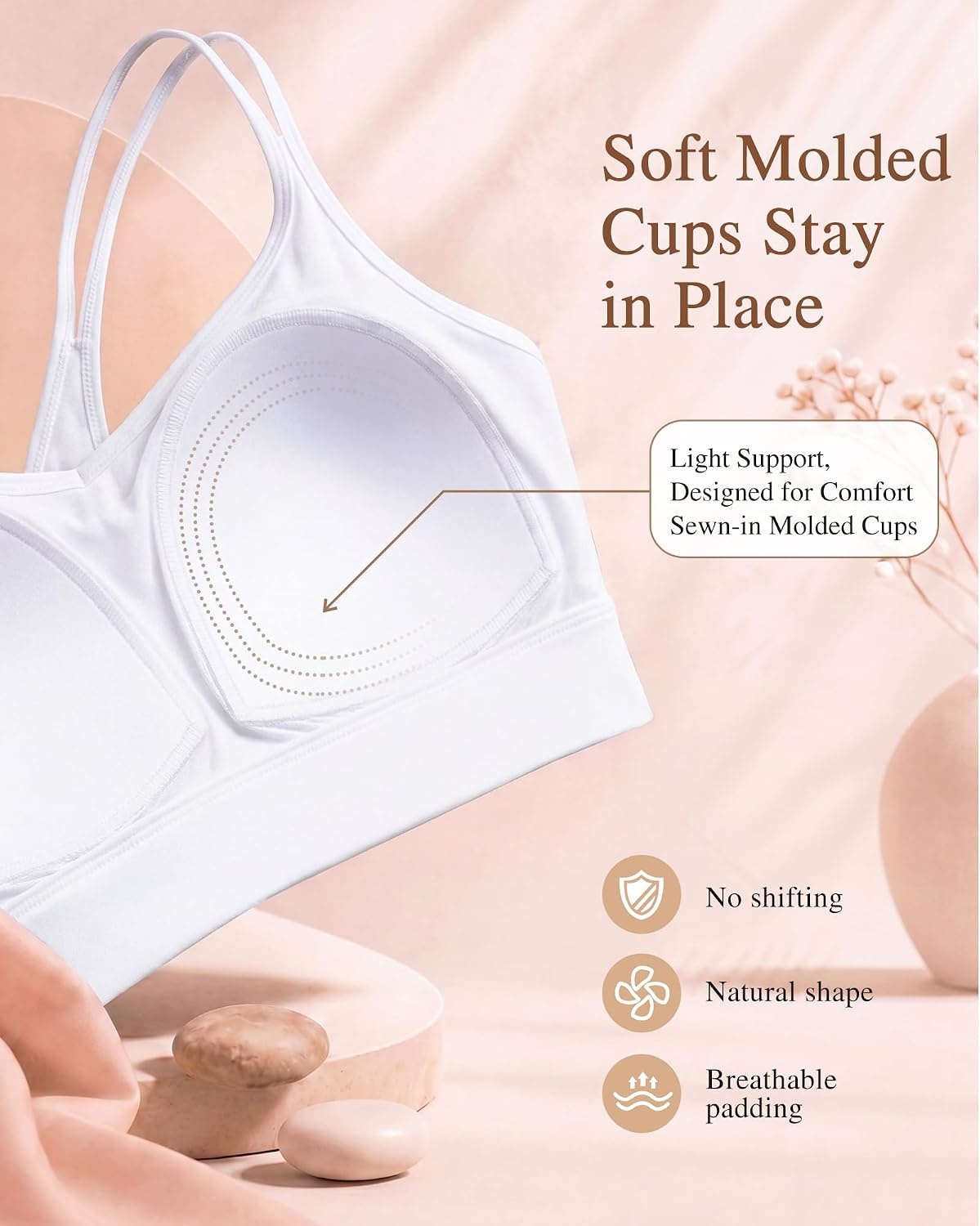 Yvette Yoga Bras Midium Support for Women Low Impact Spaghetti Strap Mesh Splicing Style for Yoga Pilates Walking Daily(White)