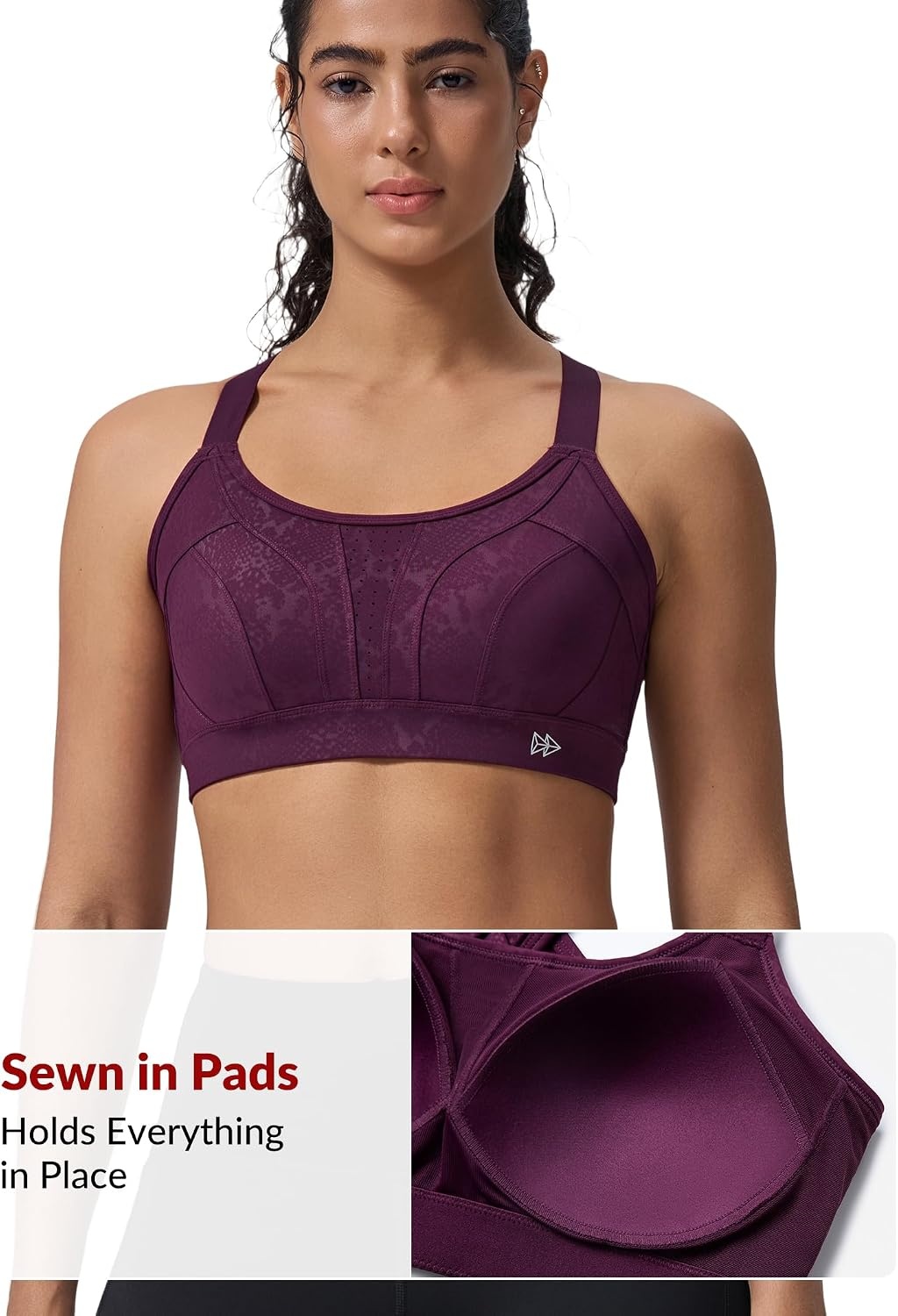Yvette Women’s High Impact Sports Bra for Running | High Support, No Bounce, Large Bust, Pickleball, Gym Workout, Adjustable Straps, Crisscross Back, Wireless, Sewn in Pads(Burgundy Printed)
