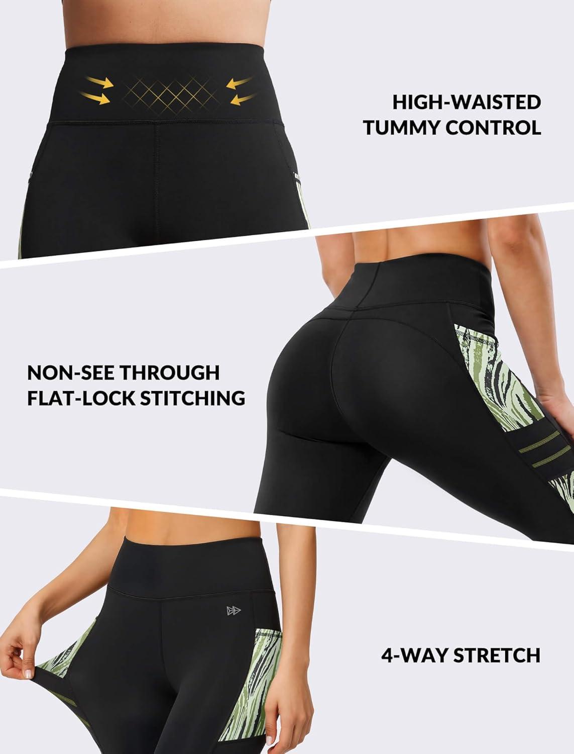 Yvette High Waisted Leggings for Women with Pockets – Tummy Control Yoga Pants, Printed Workout Leggings & Exercise Pants(Green Printed)