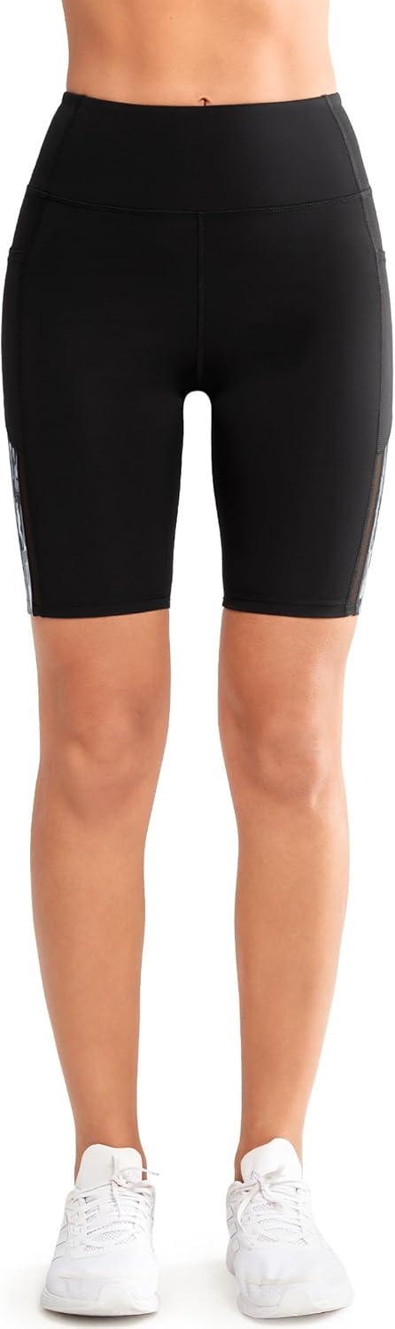 Yvette Printed Biker Shorts with Pockets for Women Tummy Control High Waist Running Workout Gym Yoga Shorts(Black)