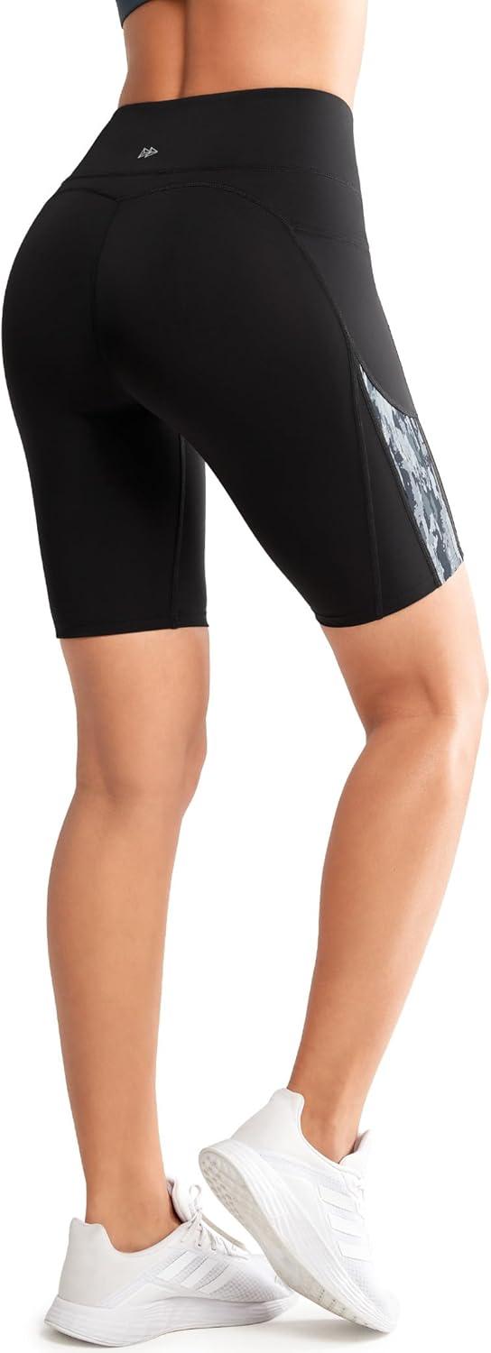 Yvette Printed Biker Shorts with Pockets for Women Tummy Control High Waist Running Workout Gym Yoga Shorts(Black)