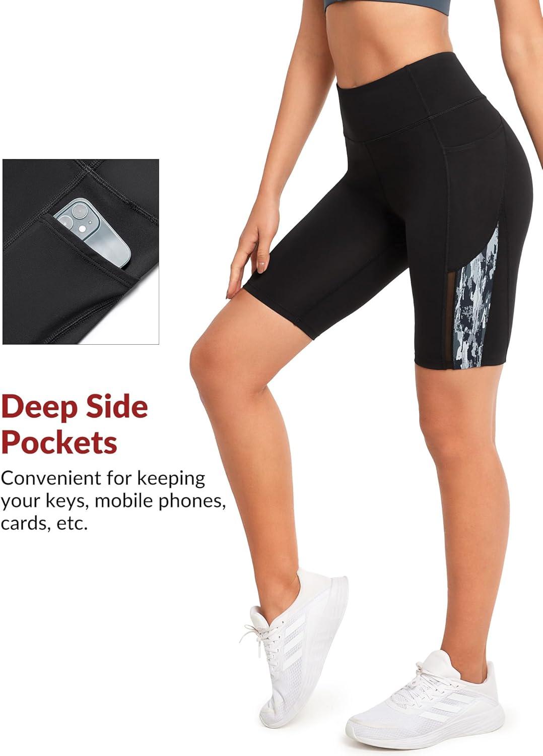 Yvette Printed Biker Shorts with Pockets for Women Tummy Control High Waist Running Workout Gym Yoga Shorts(Black)