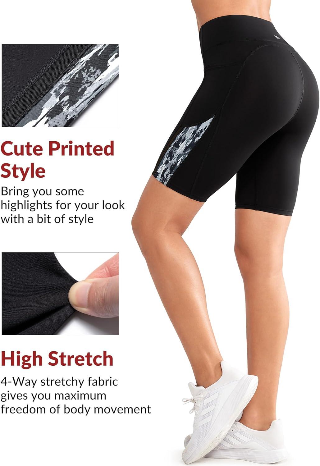 Yvette Printed Biker Shorts with Pockets for Women Tummy Control High Waist Running Workout Gym Yoga Shorts(Black)