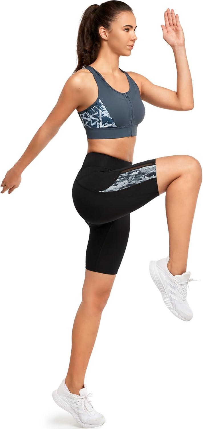 Yvette Printed Biker Shorts with Pockets for Women Tummy Control High Waist Running Workout Gym Yoga Shorts(Black)