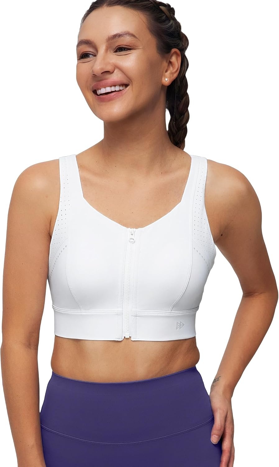 Yvette High Support Zip Sports Bra with Adjustable Straps | High Impact, Supportive, Front Zip, Large Breasts, Comfy, Wireless, Sewm-in Pads(White)