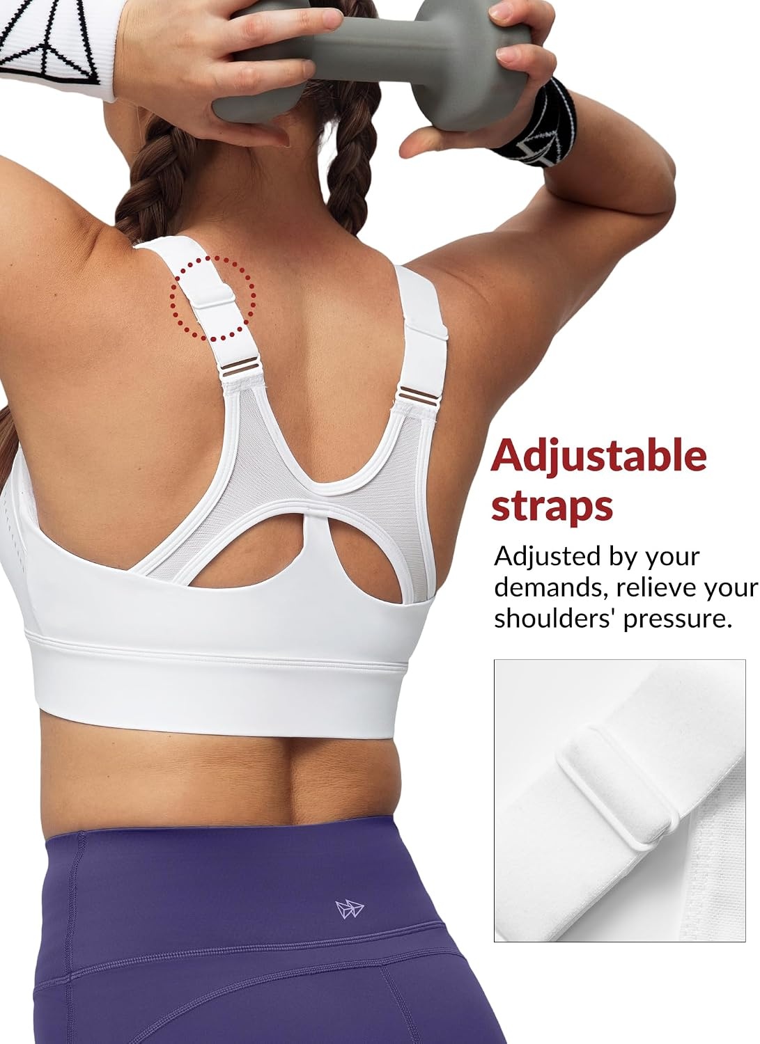 Yvette High Support Zip Sports Bra with Adjustable Straps | High Impact, Supportive, Front Zip, Large Breasts, Comfy, Wireless, Sewm-in Pads(White)
