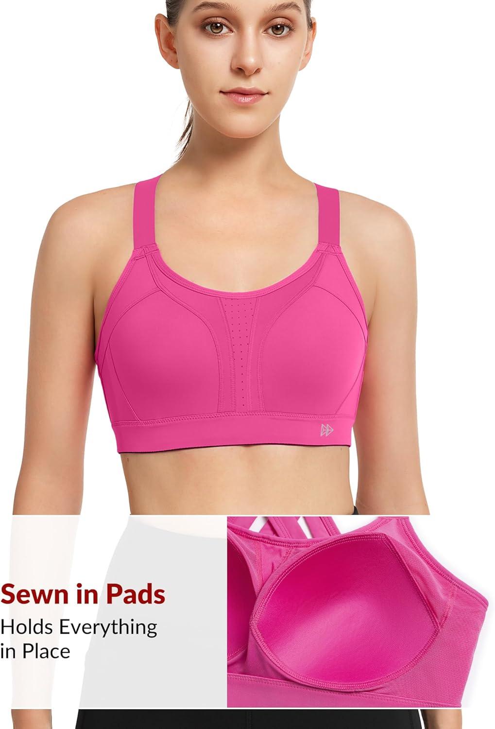 Yvette Sports Bra High Impact Adjustable Criss Cross Back, Full Support for Large Bust No Bounce(Bright Rose Red)