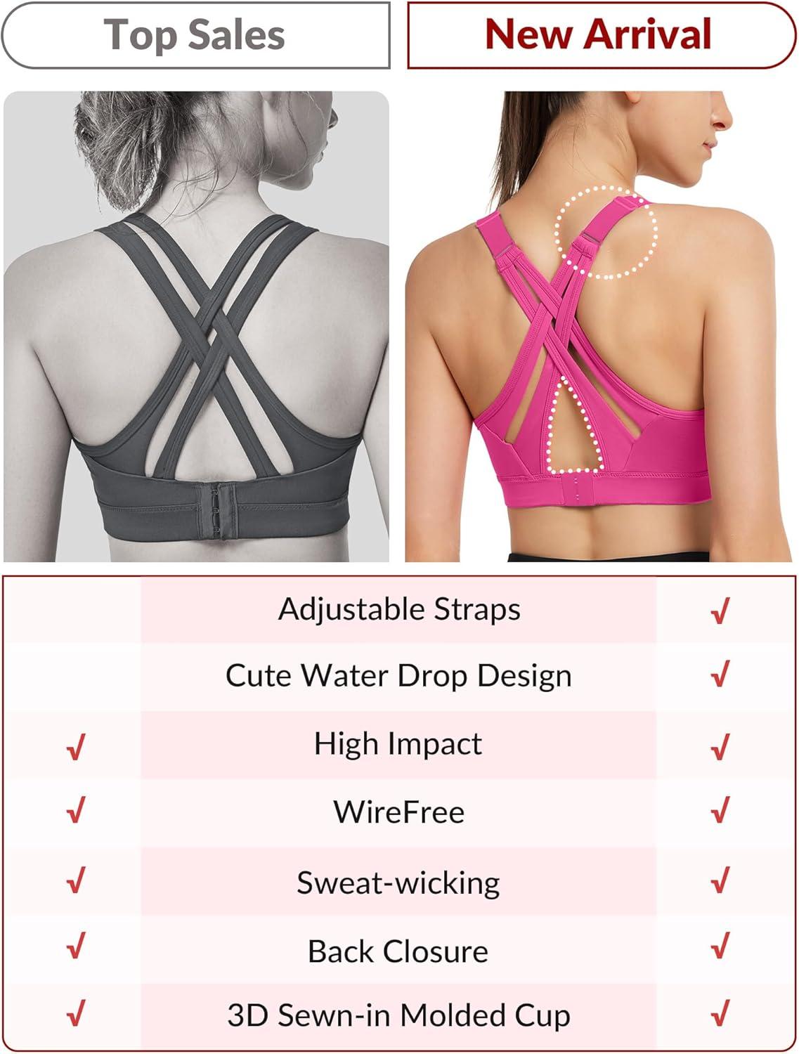 Yvette Sports Bra High Impact Adjustable Criss Cross Back, Full Support for Large Bust No Bounce(Bright Rose Red)