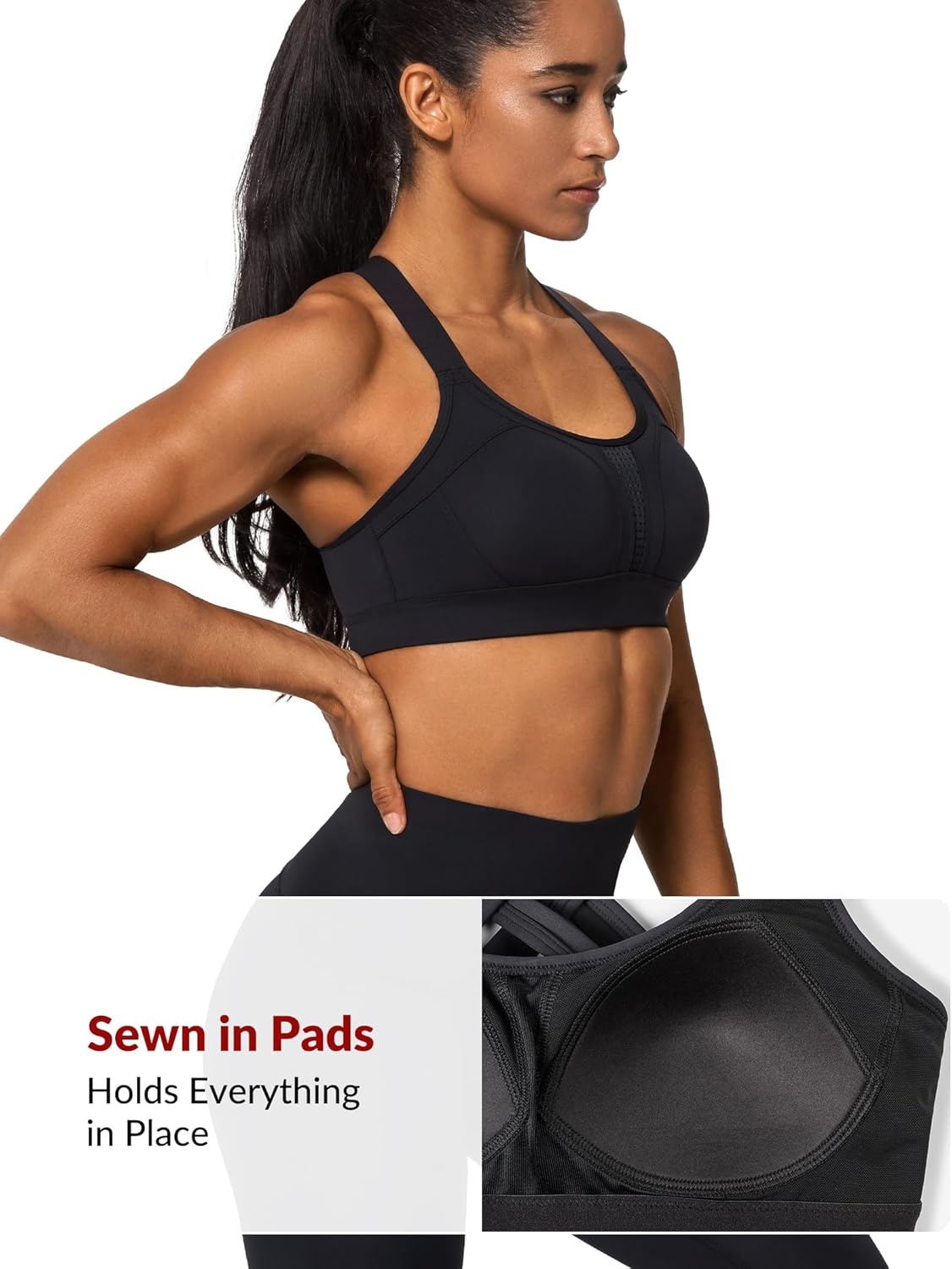 Yvette Women’s High Impact Sports Bra for Running | High Support, No Bounce, Large Bust, Pickleball, Gym Workout, Adjustable Straps, Crisscross Back, Wireless, Sewn in Pads(Black New + Adjustable Strap + High Impact)