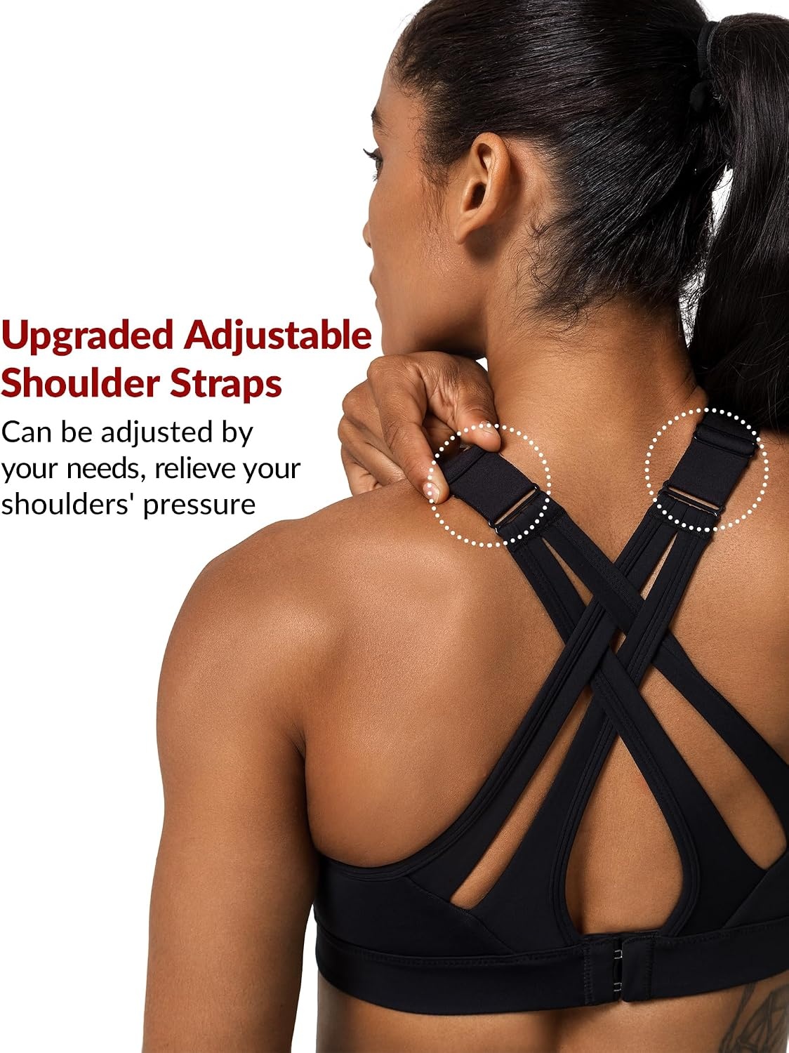 Yvette Women’s High Impact Sports Bra for Running | High Support, No Bounce, Large Bust, Pickleball, Gym Workout, Adjustable Straps, Crisscross Back, Wireless, Sewn in Pads(Black New + Adjustable Strap + High Impact)