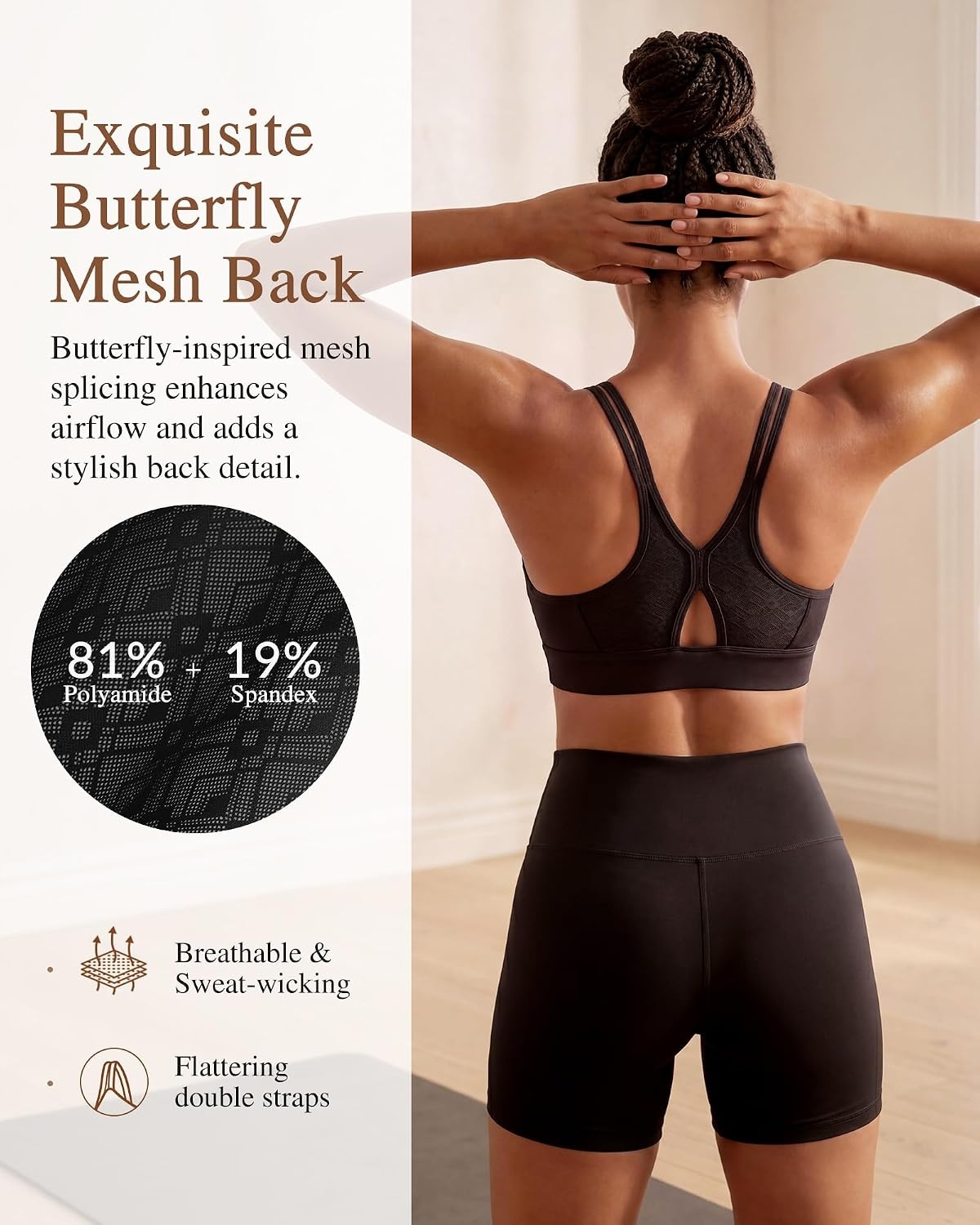 Yvette Yoga Bras Midium Support for Women Low Impact Spaghetti Strap Mesh Splicing Style for Yoga Pilates Walking Daily(Black)