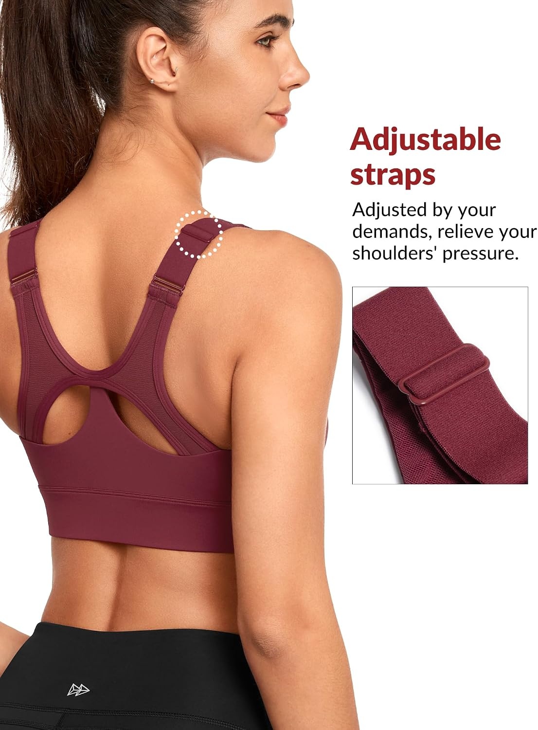 Yvette High Support Zip Sports Bra with Adjustable Straps | High Impact, Supportive, Front Zip, Large Breasts, Comfy, Wireless, Sewm-in Pads(Burgundy)