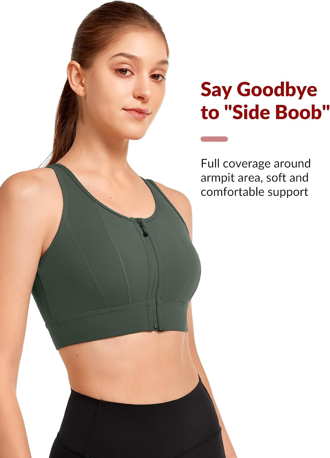 Yvette Front Closure High Impact Sports Bra for Women | Cup Sizes A to DDD Up to 5XL, Sewn in Pads, No Underwire, Breathable Fabric Moisture-Wicking, Easy on and off, Full Coverage(Dark Green)