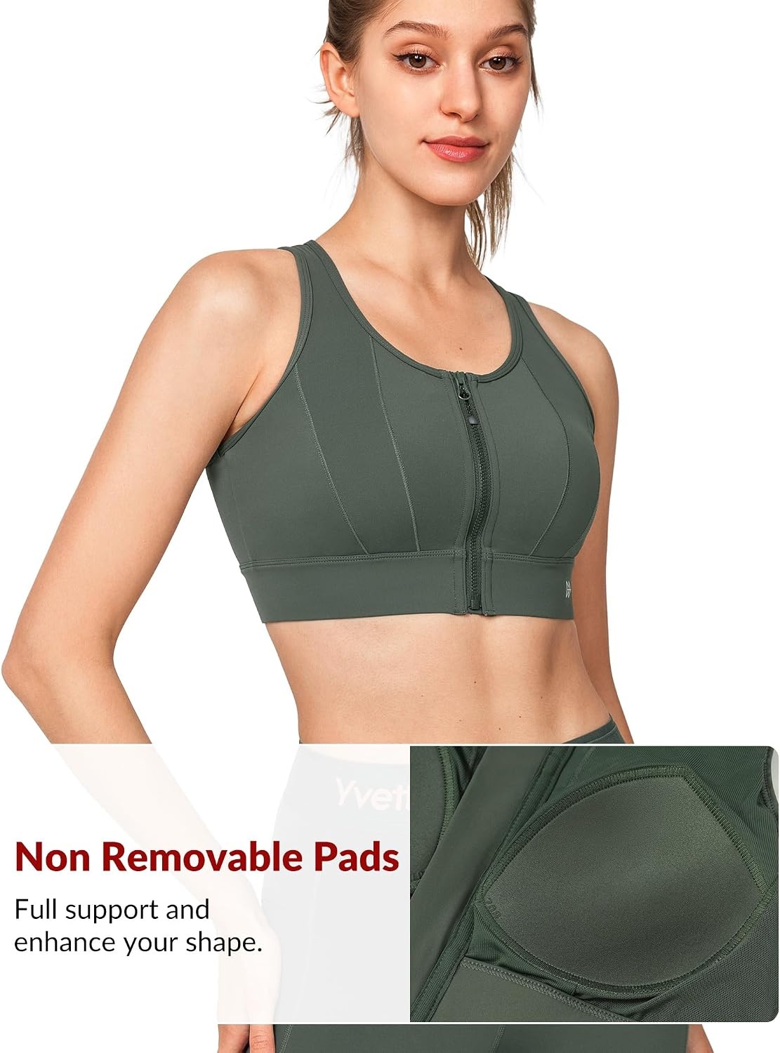 Yvette Front Closure High Impact Sports Bra for Women | Cup Sizes A to DDD Up to 5XL, Sewn in Pads, No Underwire, Breathable Fabric Moisture-Wicking, Easy on and off, Full Coverage(Dark Green)