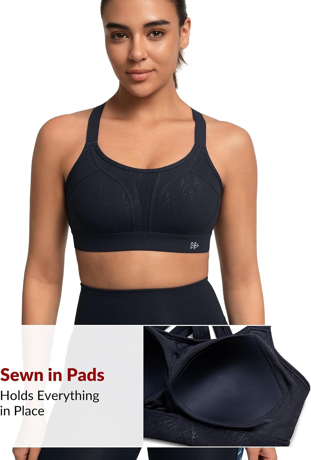 Yvette Women’s High Impact Sports Bra for Running | High Support, No Bounce, Large Bust, Pickleball, Gym Workout, Adjustable Straps, Crisscross Back, Wireless, Sewn in Pads(Dark Blue Printed)
