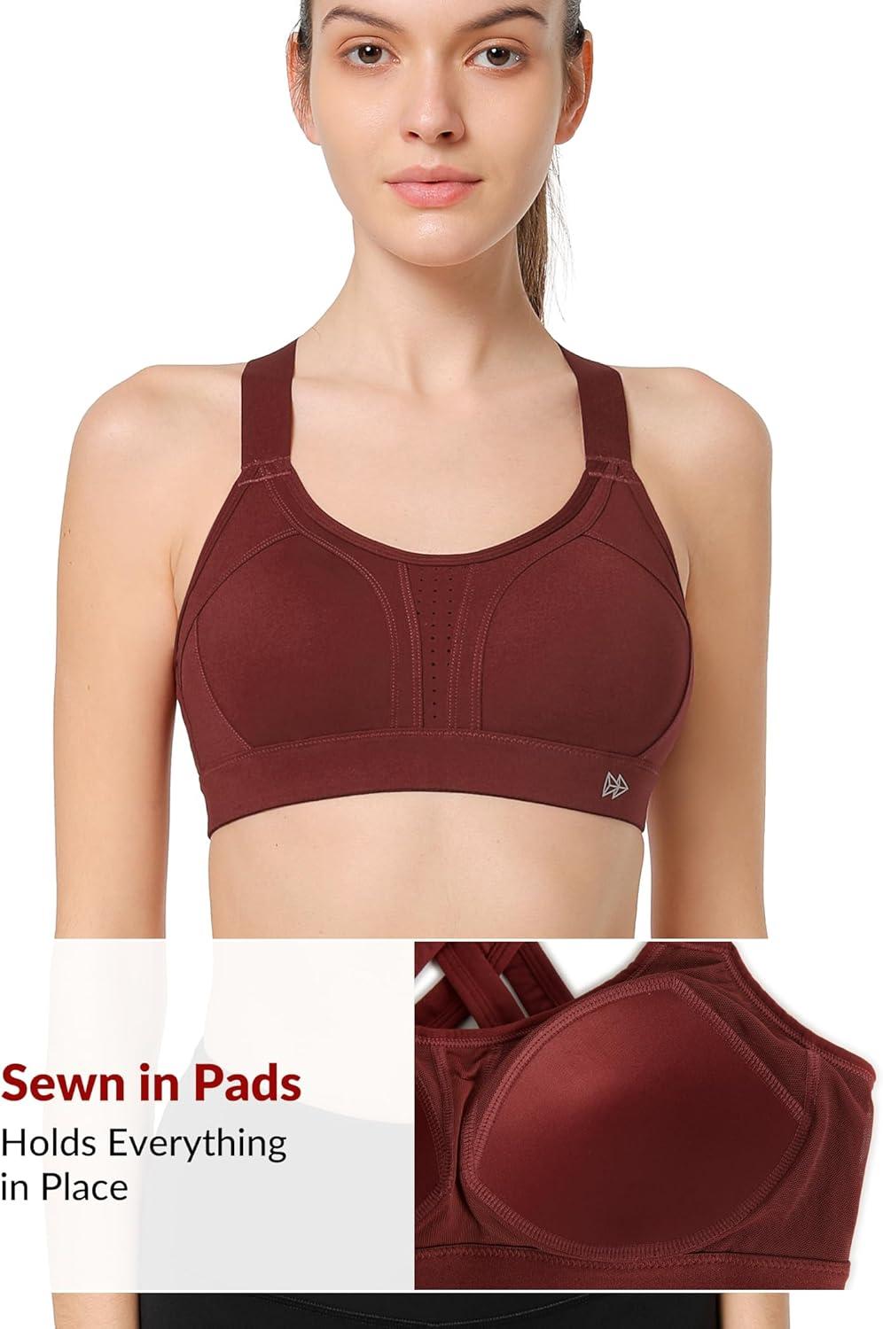 Yvette Sports Bra High Impact Adjustable Criss Cross Back, Full Support for Large Bust No Bounce(Burgundy)