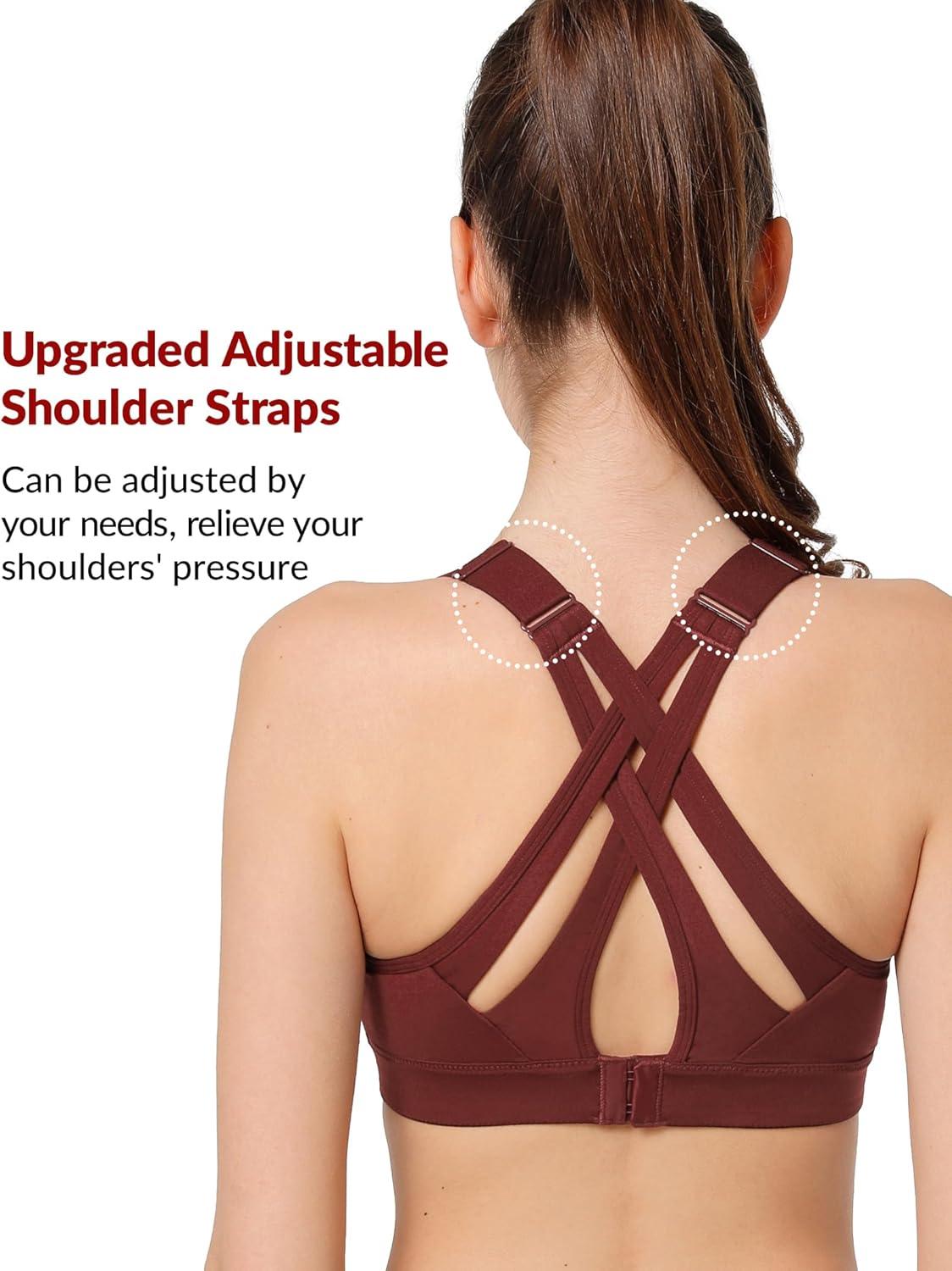 Yvette Sports Bra High Impact Adjustable Criss Cross Back, Full Support for Large Bust No Bounce(Burgundy)