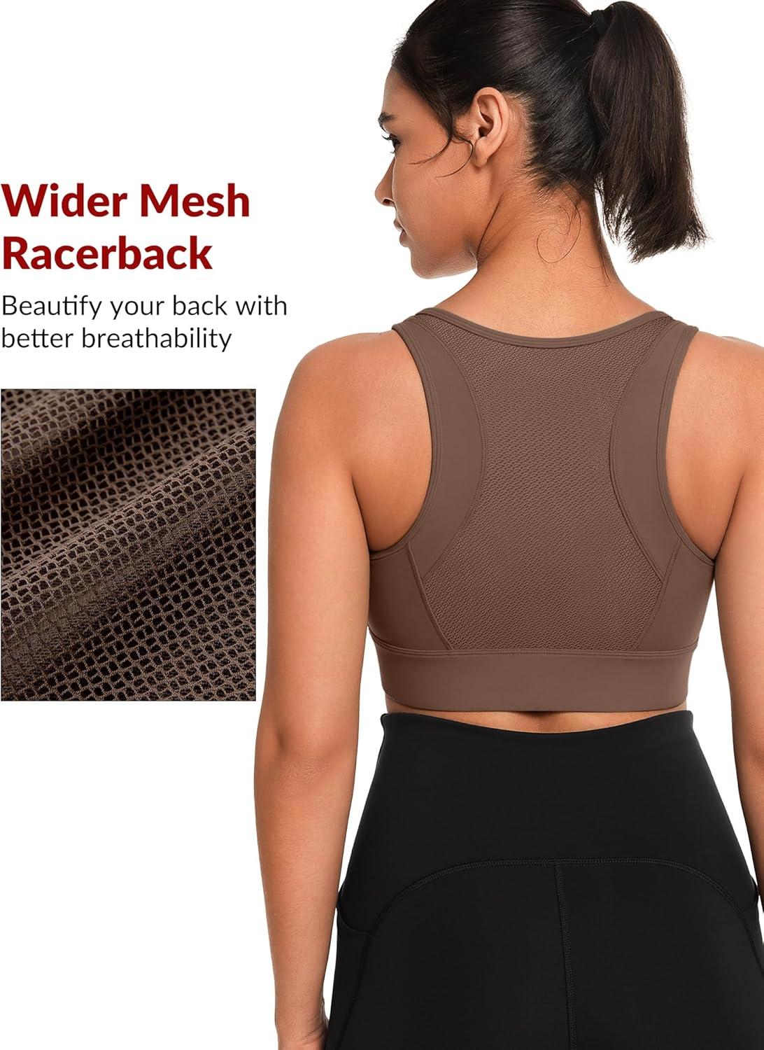 Yvette Front Closure Sports Bras for Women High Support Bust Supportive Sports Bra High Impact for Running(Coffee)