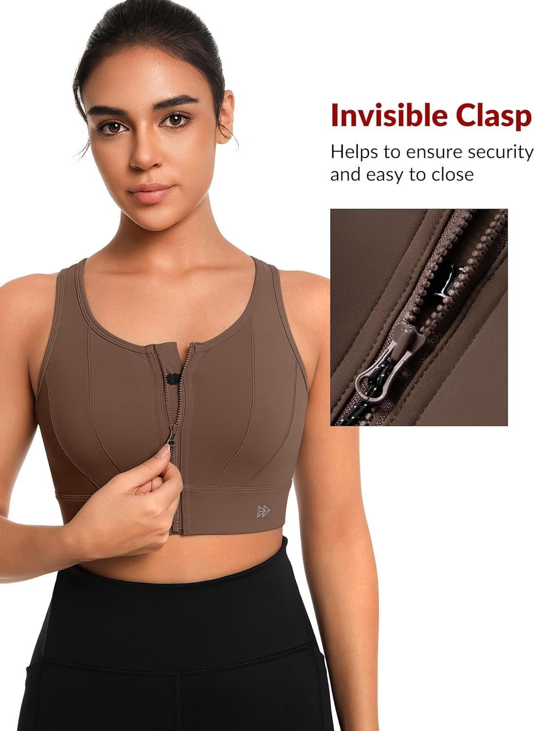 Yvette Front Closure Sports Bras for Women High Support Bust Supportive Sports Bra High Impact for Running(Coffee)