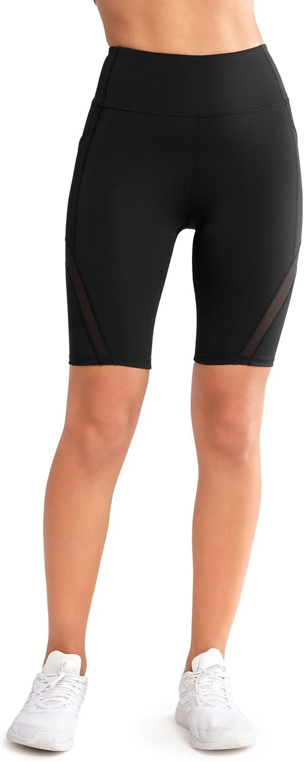 Yvette High Waisted Biker Shorts with Pockets for Women Tummy Control Yoga Shorts with Mesh for Running Workout Gym(Black)