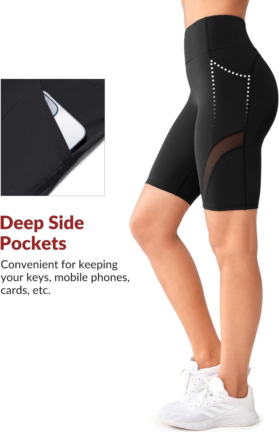 Yvette High Waisted Biker Shorts with Pockets for Women Tummy Control Yoga Shorts with Mesh for Running Workout Gym(Black)