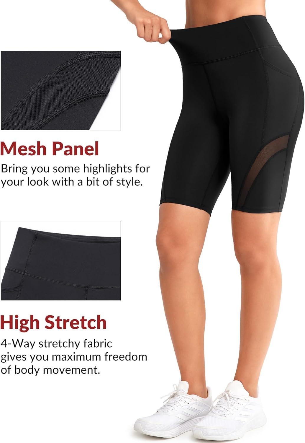 Yvette High Waisted Biker Shorts with Pockets for Women Tummy Control Yoga Shorts with Mesh for Running Workout Gym(Black)