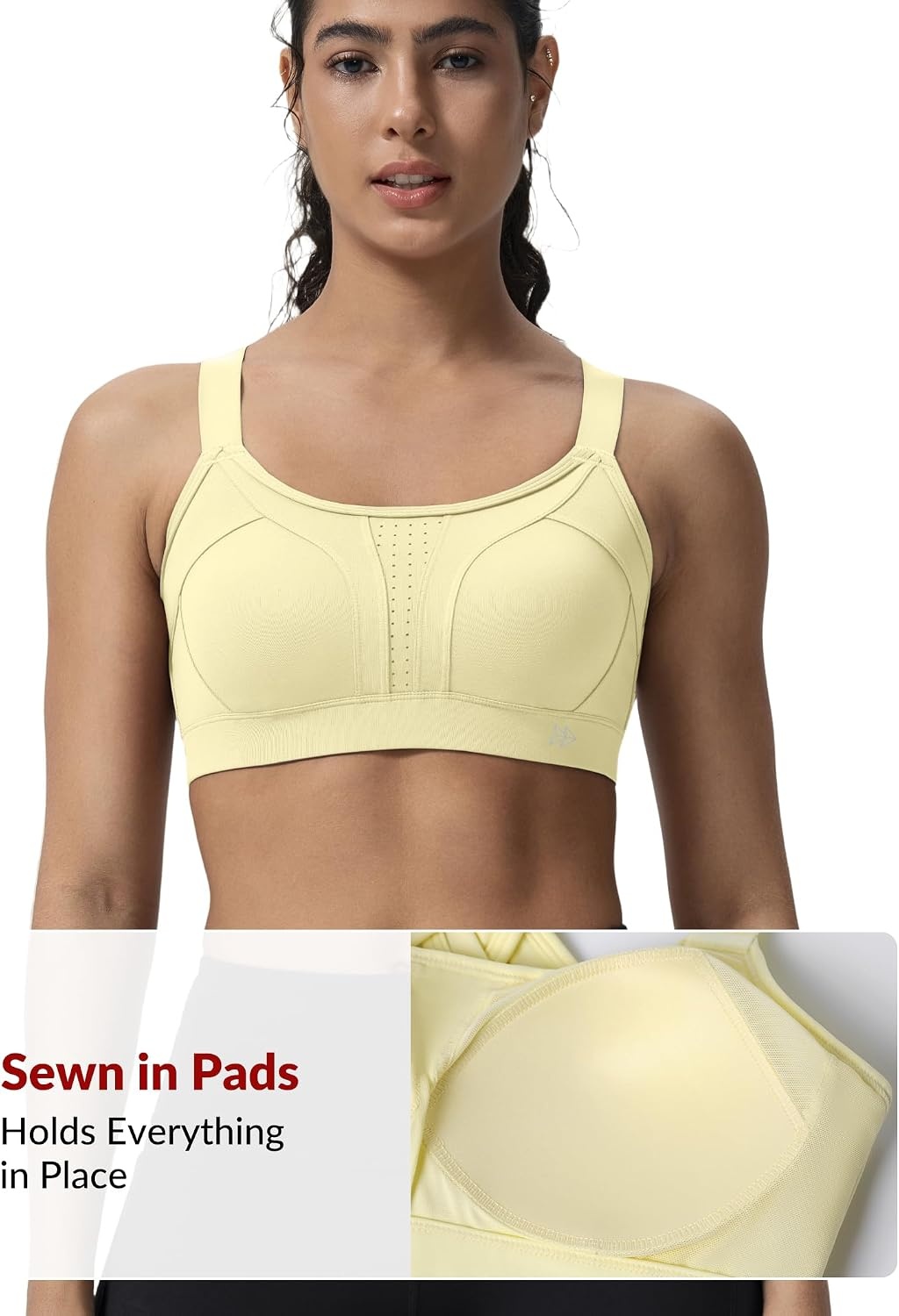 Yvette Women’s High Impact Sports Bra for Running | High Support, No Bounce, Large Bust, Pickleball, Gym Workout, Adjustable Straps, Crisscross Back, Wireless, Sewn in Pads(Yellow)