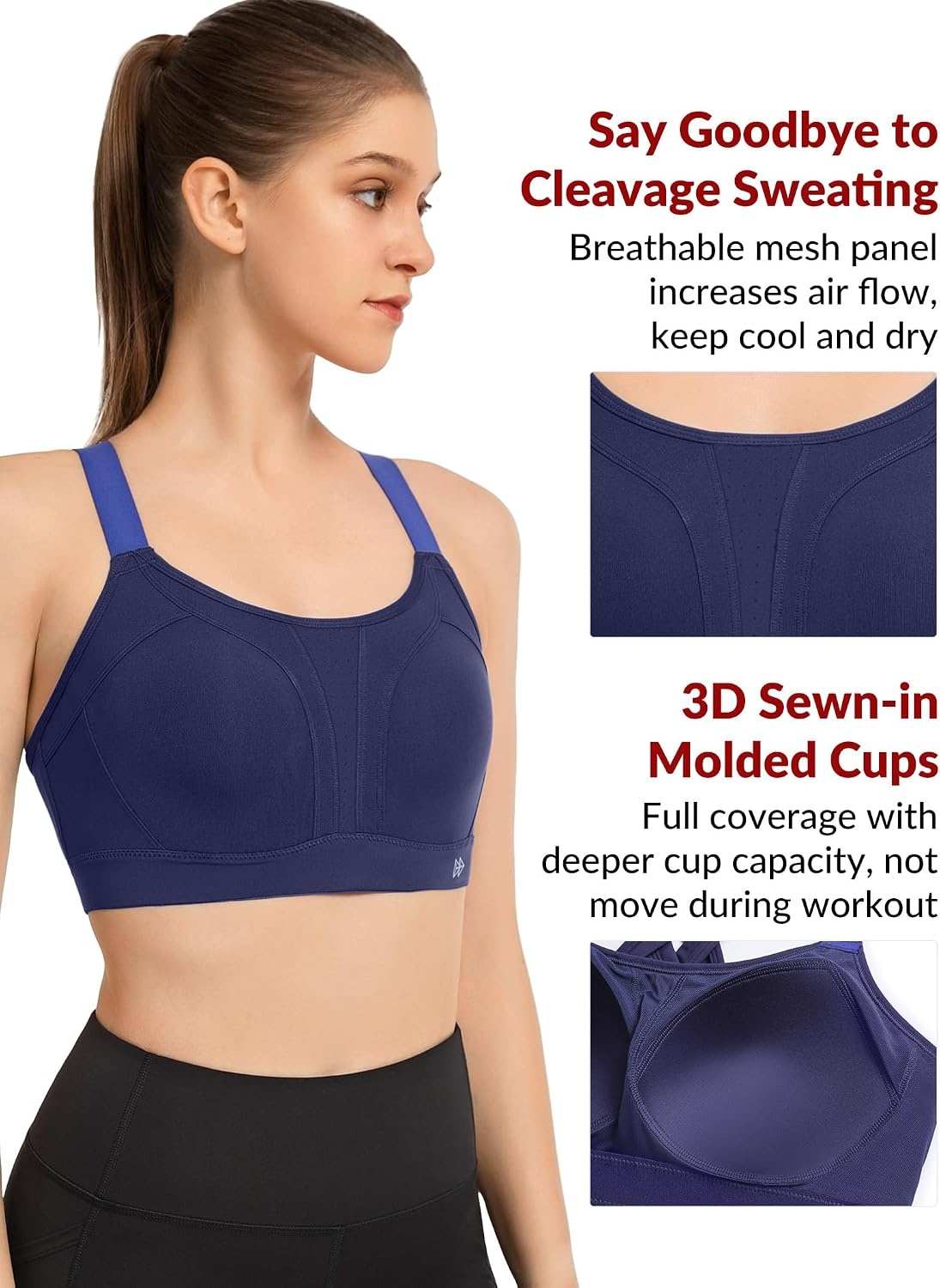 Yvette Women’s High Impact Sports Bra for Running | High Support, No Bounce, Large Bust, Pickleball, Gym Workout, Adjustable Straps, Crisscross Back, Wireless, Sewn in Pads(Navy)