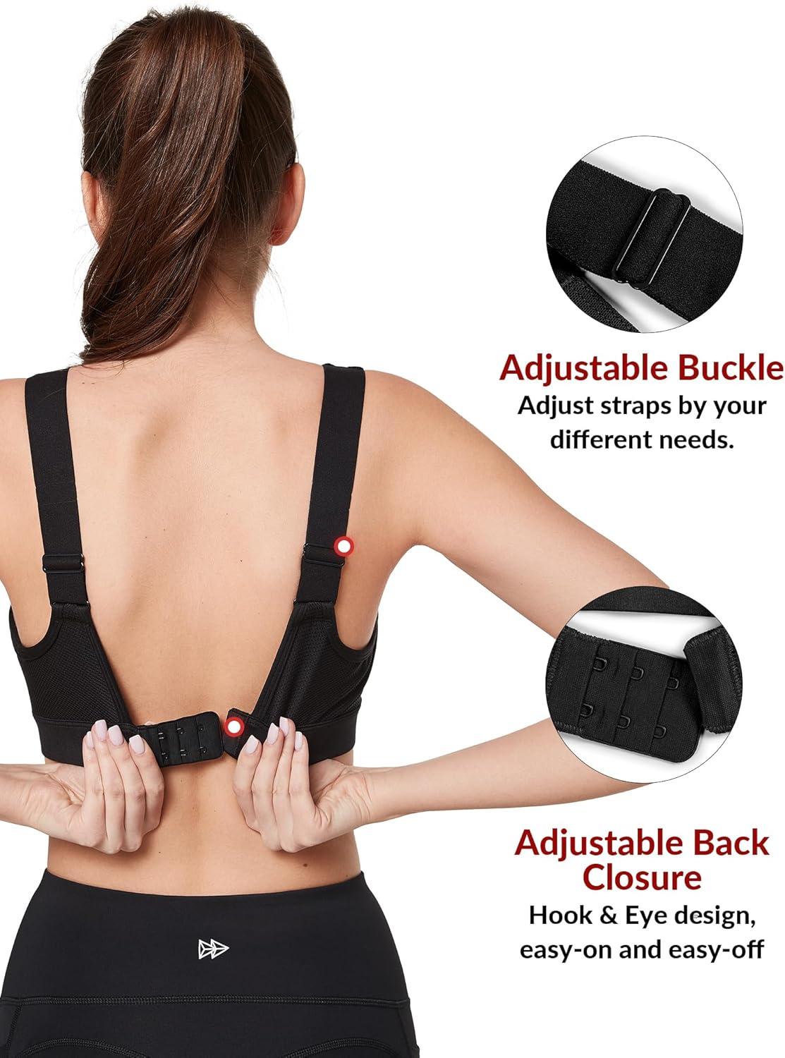 Yvette Supportive Adjustable Sports Bras for Women High Impact Molded Cup Running Bra Large Bust Wireless for Workout HIIT(Black)