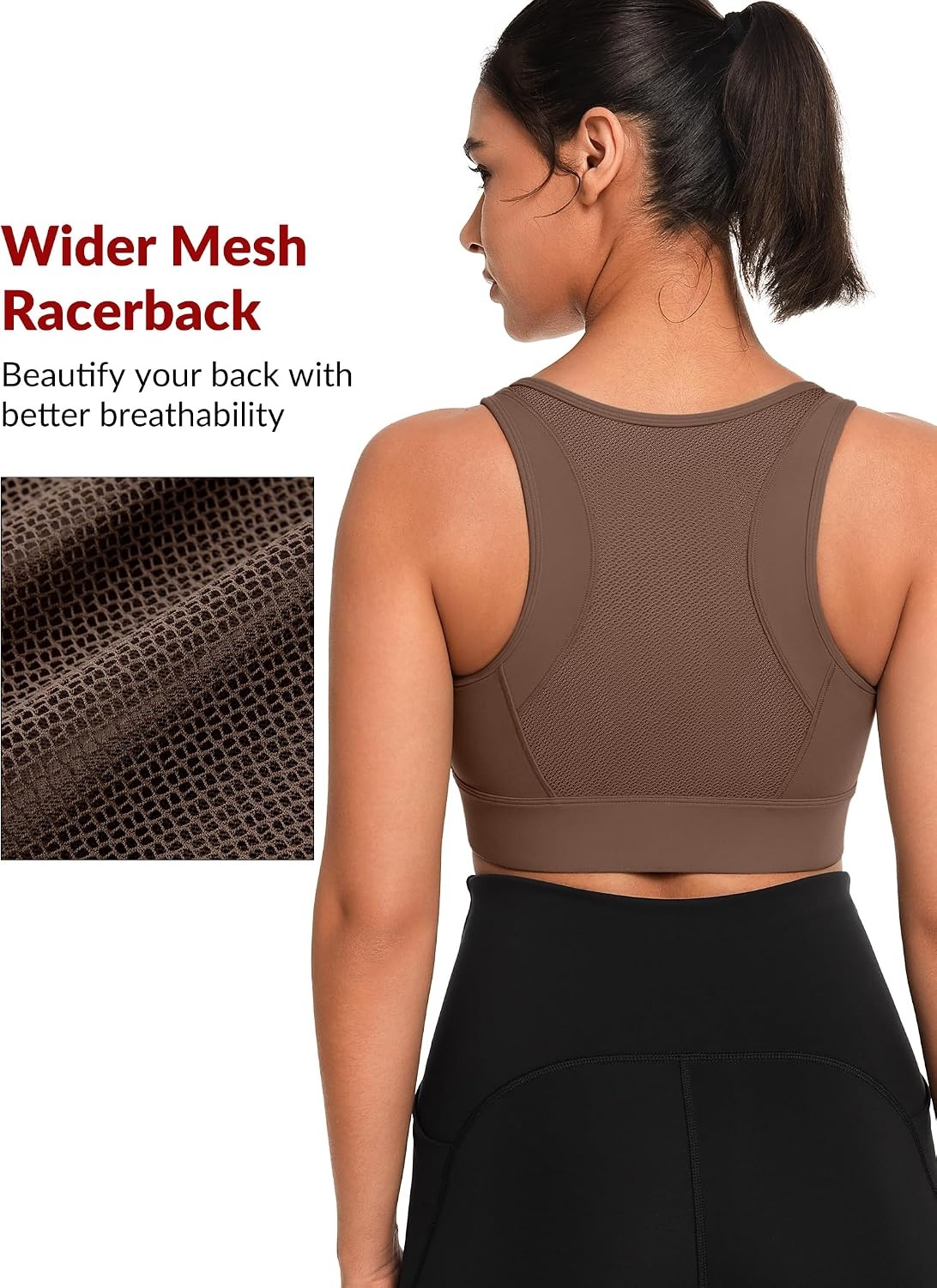Yvette Front Closure High Impact Sports Bra for Women | Cup Sizes A to DDD Up to 5XL, Sewn in Pads, No Underwire, Breathable Fabric Moisture-Wicking, Easy on and off, Full Coverage(Coffee)