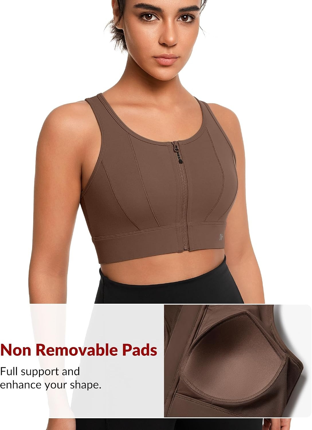 Yvette Front Closure High Impact Sports Bra for Women | Cup Sizes A to DDD Up to 5XL, Sewn in Pads, No Underwire, Breathable Fabric Moisture-Wicking, Easy on and off, Full Coverage(Coffee)