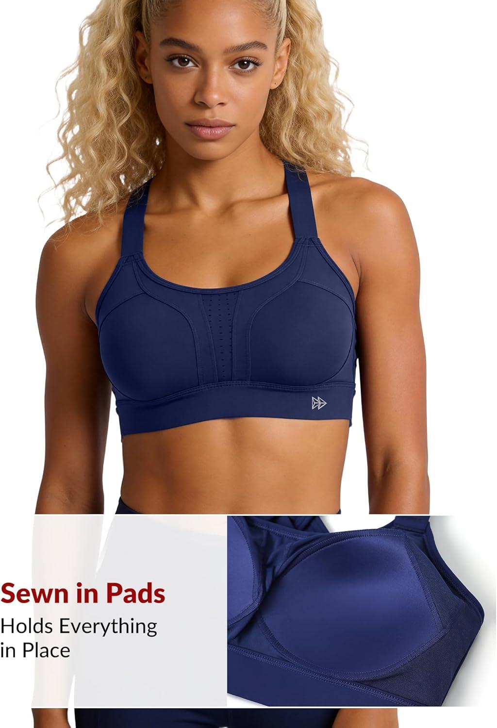 Yvette Sports Bra High Impact Adjustable Criss Cross Back, Full Support for Large Bust No Bounce(Bright Navy Blue)